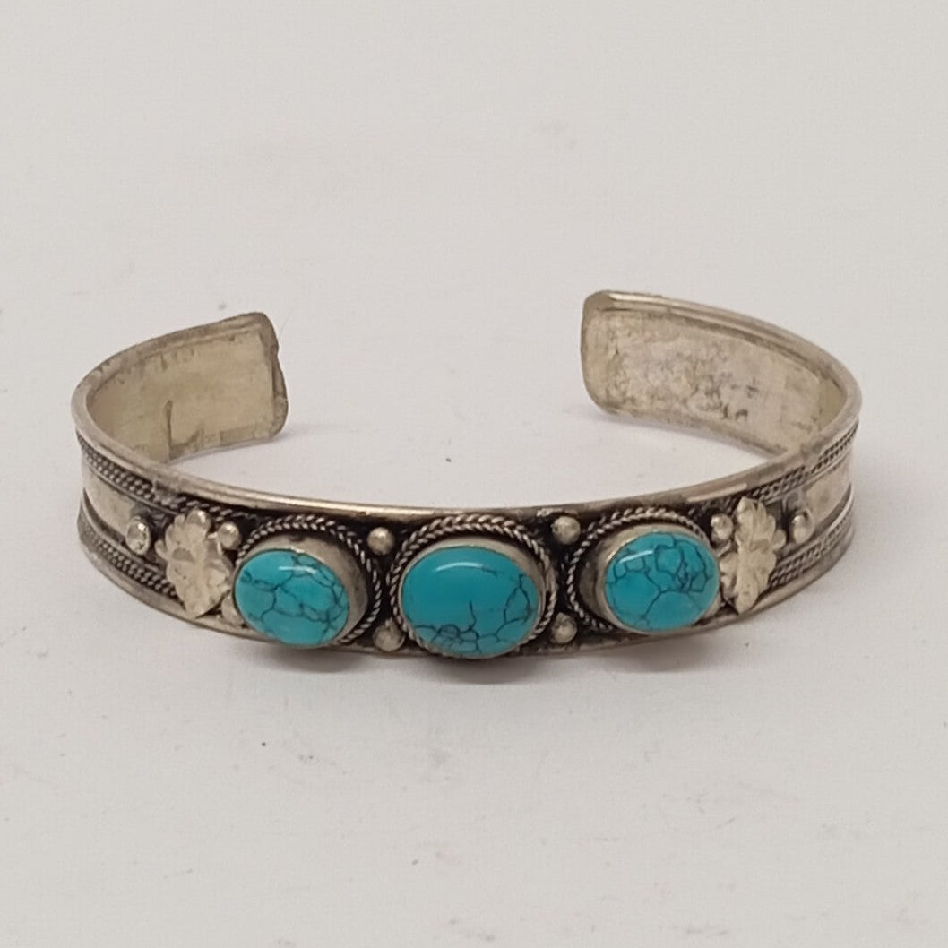 Pulsera de alpaca con turquesa – estilo étnico (2 cm ancho)