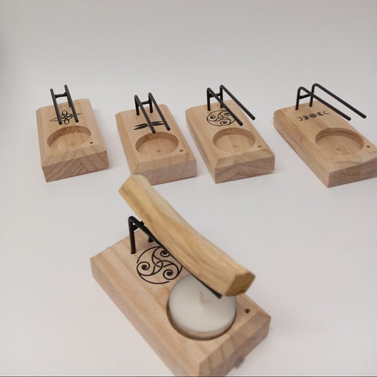 Quemador de Palo Santo Artesanal en Madera con Porta Incienso y Símbolos Espirituales