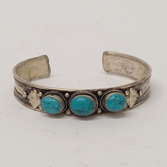 Pulsera de alpaca con turquesa – estilo étnico (2 cm ancho)