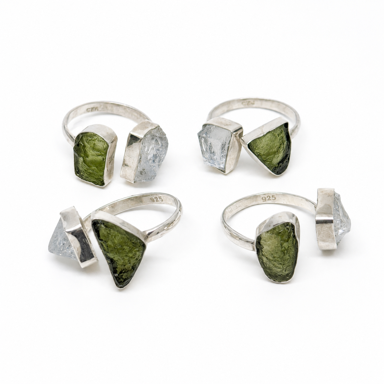 Anillo Ajustable de Plata con Moldavita y Herkimer