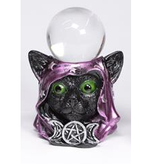 Figura Gato Místico con Capucha y Collar Triple Luna en Resina