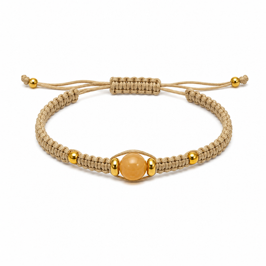 Pulsera de Macramé Ajustable con Mineral Natural y Bolitas de Acero