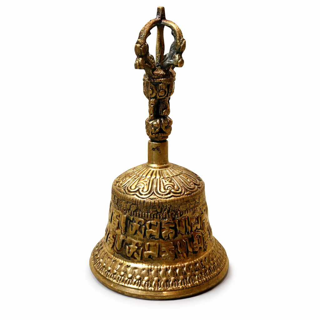 🔸 Campana de Meditación Tibetana en Bronce Tallado – Vajra y Mantras