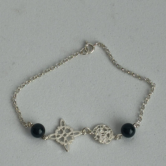 Pulsera Plata 925  doble Protección  Nudo Bruja + Tetragrámaton  y turmalina negra , Ajustable
