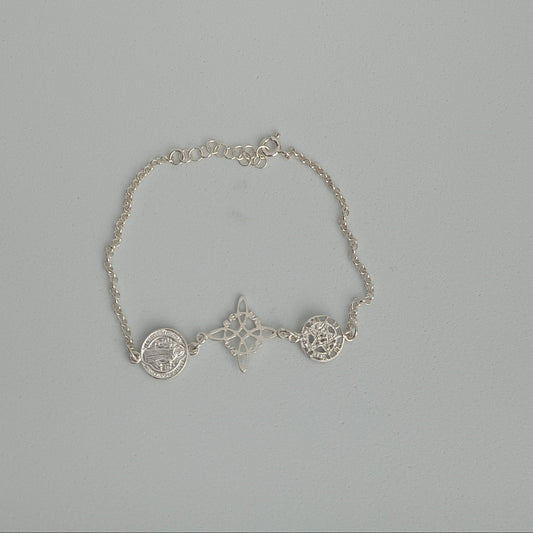 Pulsera Plata 925 Triple Protección Nudo de Bruja, Tetragrámaton y San Benito Ajustable