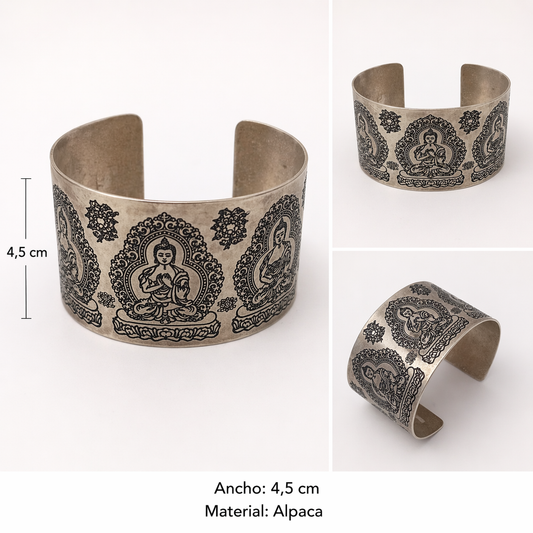 Pulsera de Alpaca Budista Grabada – Ancha 4,5 cm Ajustable