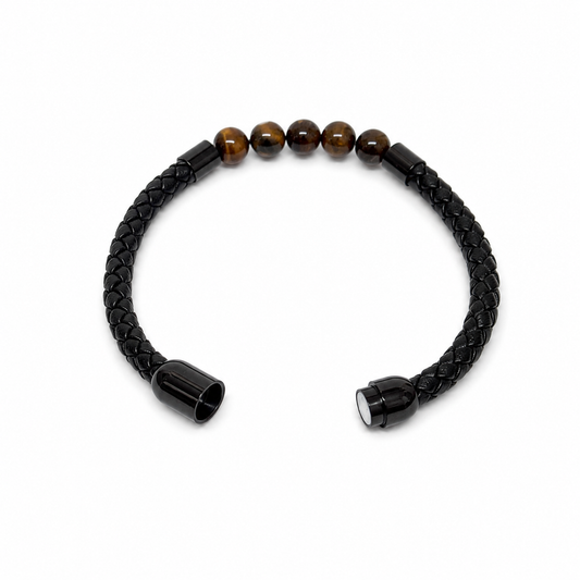 Pulsera Ojo de Tigre con Piel Trenzada y Cierre Magnético de Acero