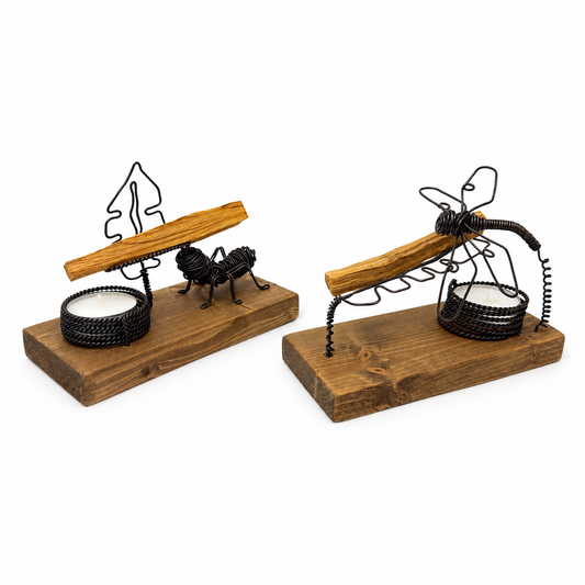 Quemador Artesanal de Palo Santo con Base de Madera y Figura Metálica ( hormiga o libélula)