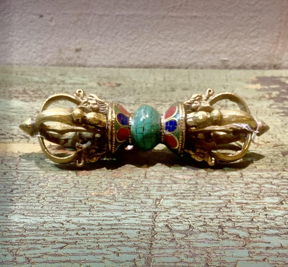 Dorje Tibetano Doble con Turquesa Central – 16 cm – Vajra Ritual de Protección