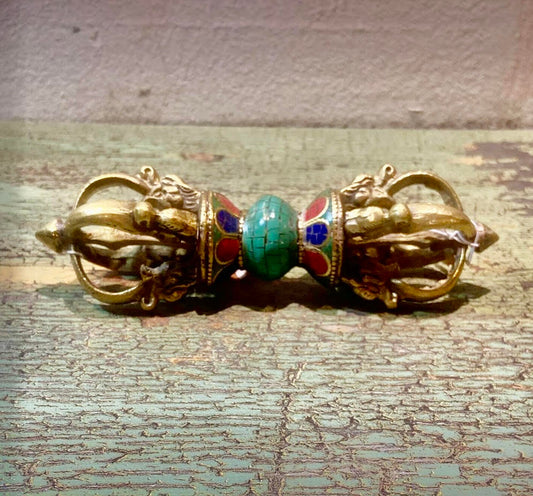 Dorje Tibetano Doble con Turquesa Central – 16 cm – Vajra Ritual de Protección