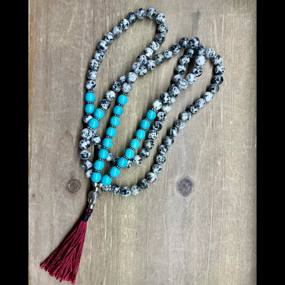 Mala- Japamala de Jaspe Dálmata Natural con Turquesa – 108 Cuentas – Equilibrio y Alegría