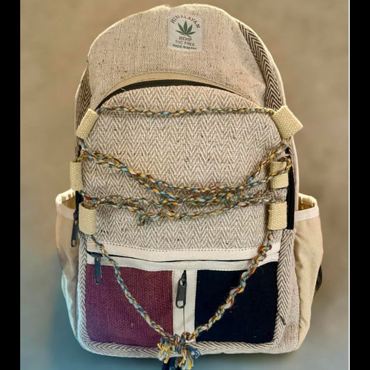 🌿 Mochila Himalayan de Cáñamo Natural con Detalles de Cuerda Multicolor
