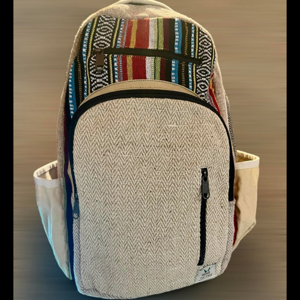 🌿 Mochila Himalayan de Cáñamo Natural con Detalles Étnicos Multicolor