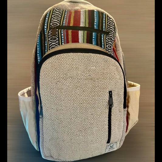🌿 Mochila Himalayan de Cáñamo Natural con Detalles Étnicos Multicolor